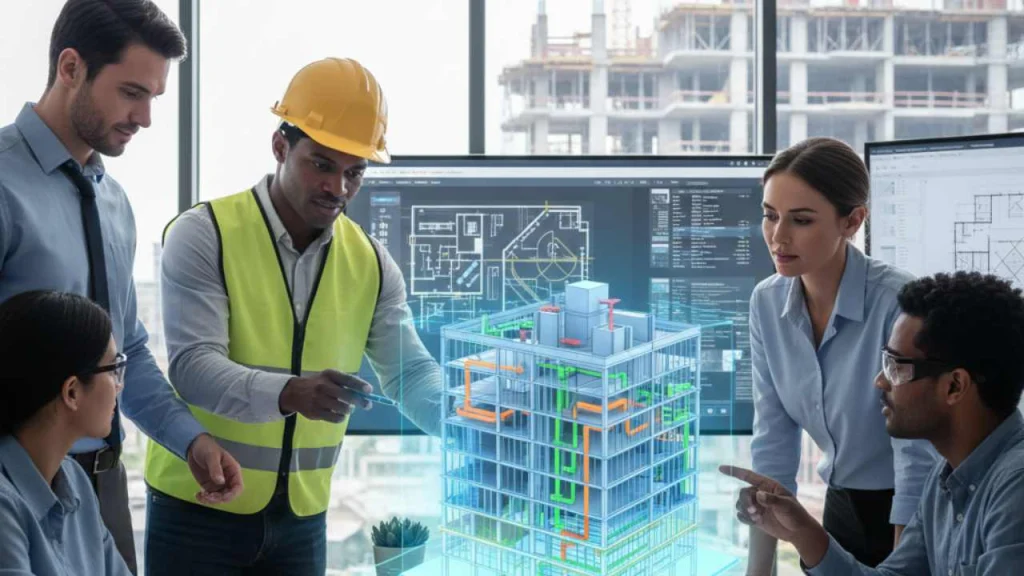 Building Information Modeling (BIM) in construction showing 3D digital design for better planning and collaboration